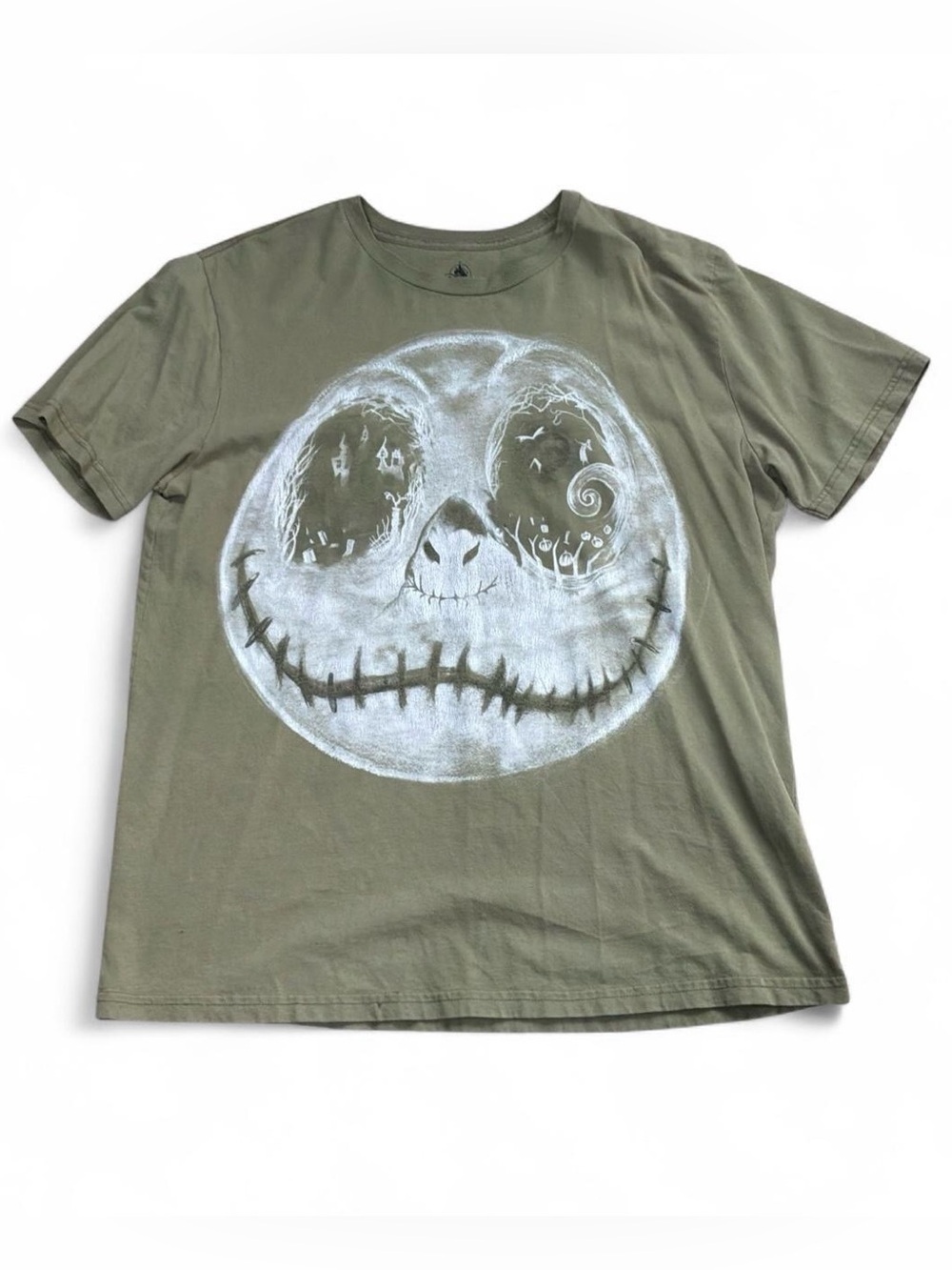 Disney Olive Green Short Sleeve Tee with White Jack Skellington Face